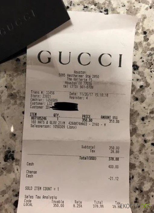Reçu du magasin de la marque Gucci